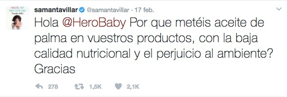 Tweet respuesta Samantha Villar a la crisis de Hero Baby